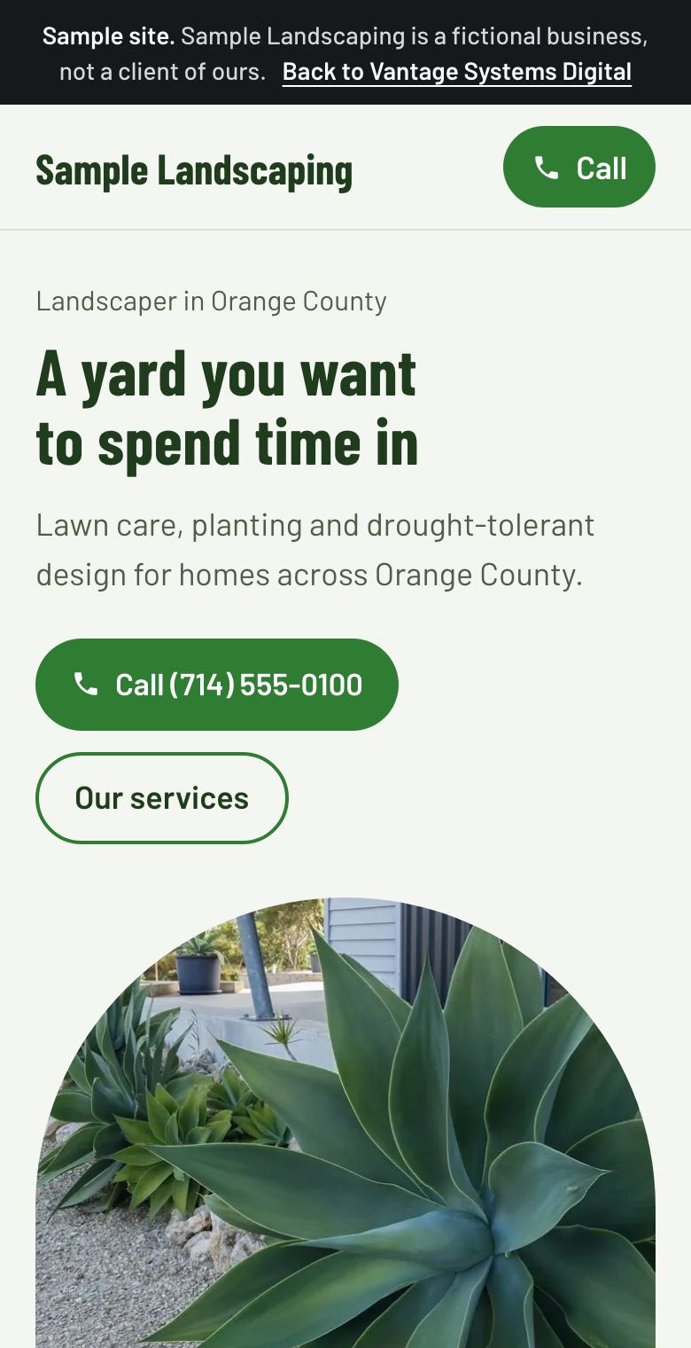 Sample landscaping website on a phone screen