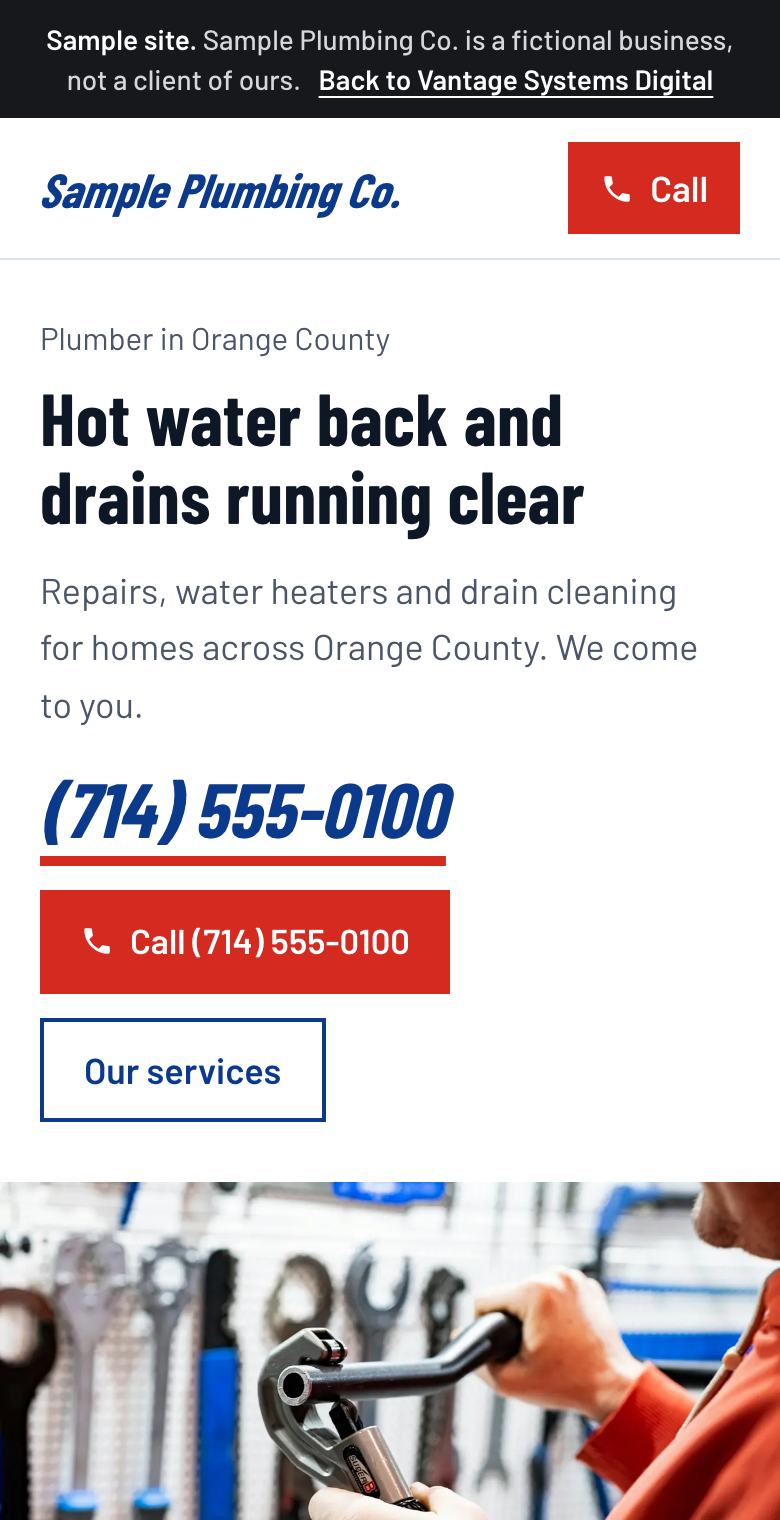Sample plumbing website on a phone screen