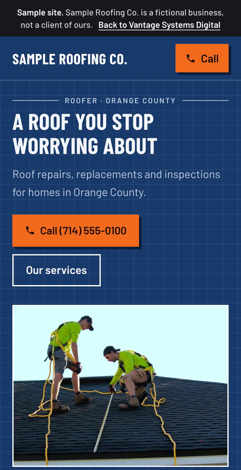 Sample roofing website on a phone screen